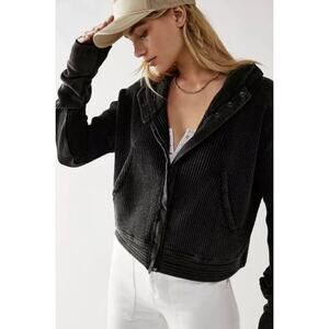 Free People One Mason Black Washed Relaxed Slouchy Waffle Knit Hoodie Jacket